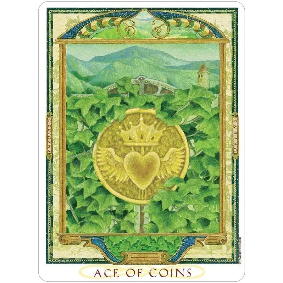 Golden coin with crowned heart radiates light from The Lover’s Path Tarot Q408