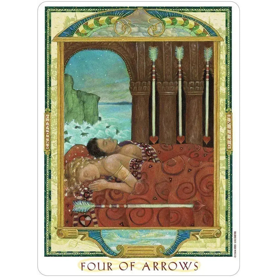 Figure on ornate red fabric with arrows, representing The Lover’s Path Tarot