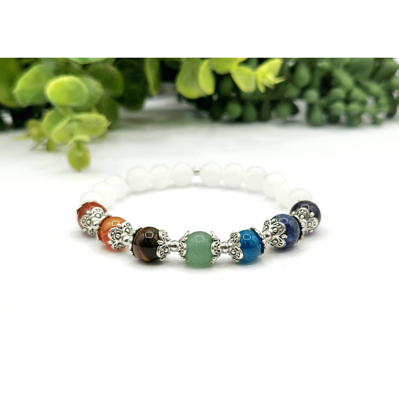 Lucky 7 Chakra Stretchable Gemstone Bracelet with Colorful Beads and Silver Accents 7.5’’ LV9525