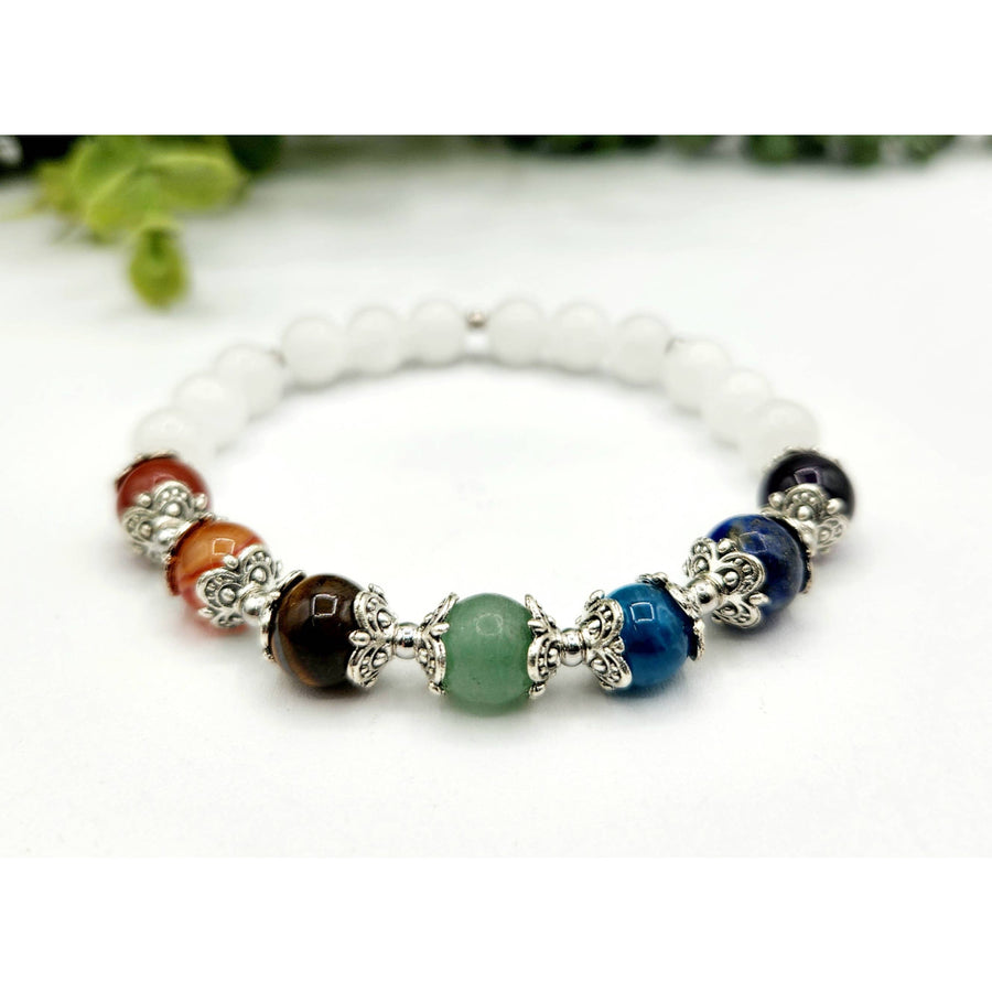 Lucky Chakra 7 Chakra Healing Bracelet with White Beads and Gemstones 7.5