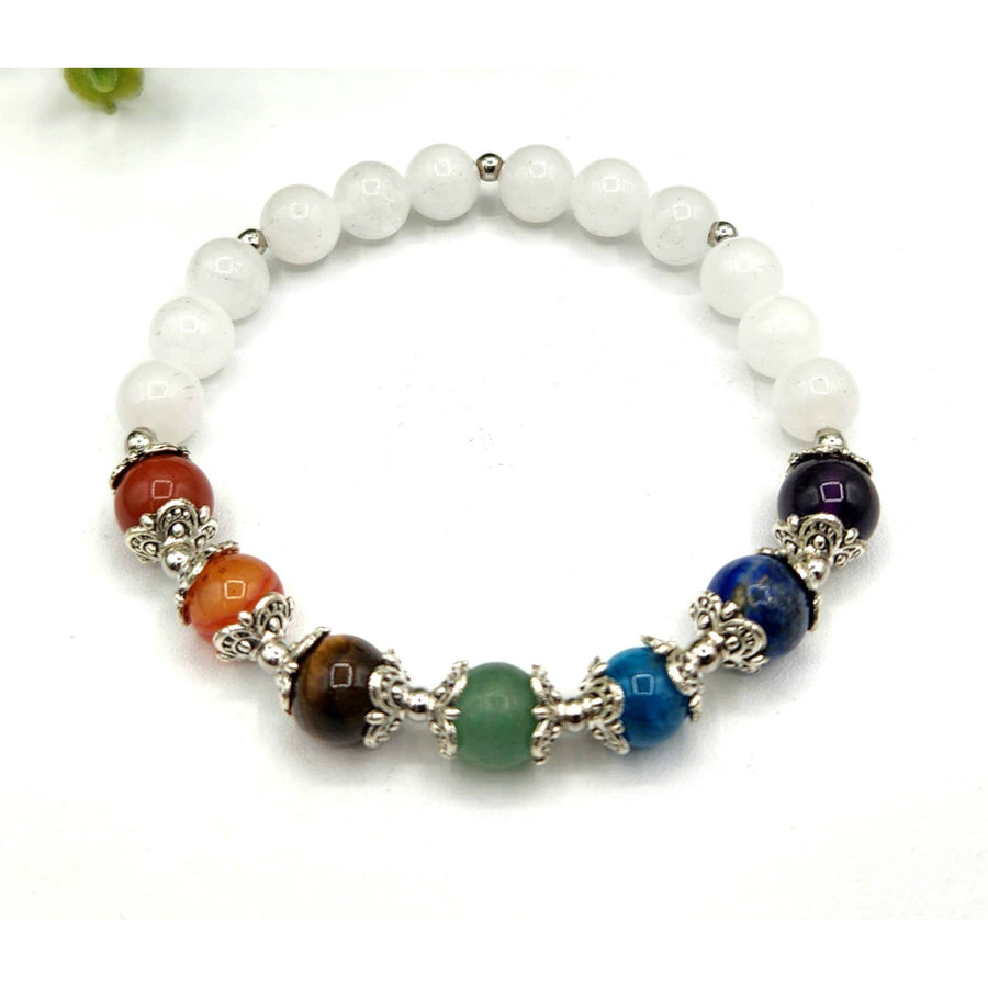 Lucky Chakra white beaded stretch bracelet with colorful gems and silver charms 7.5