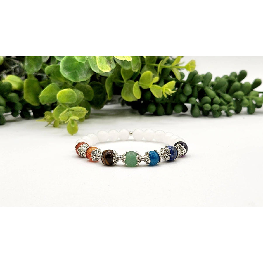 Lucky Chakra stretchable gemstone bracelet with colorful beads, silver accents, white cord, 7.5 inches