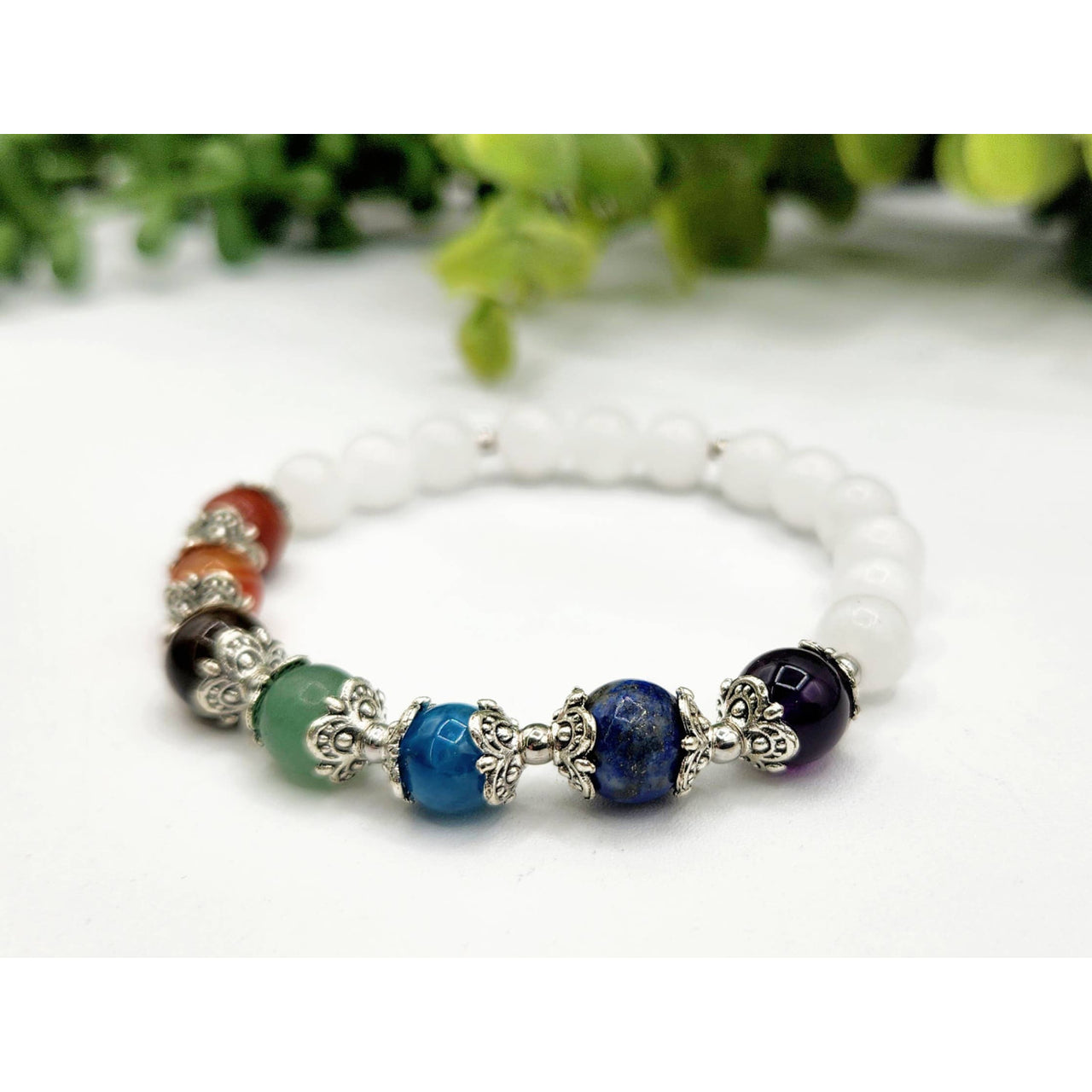 Lucky Chakra 7 Chakra Stone Bracelet with Silver Beads, 7.5