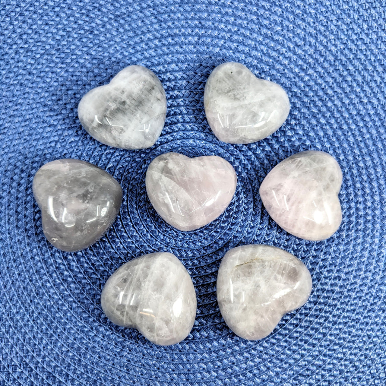 Six stunning white rose quartz heart stones from the Luna Rose Heart collection #H003