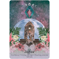 A mystical tarot card from lunar magic oracle deck featuring a majestic leopard with golden eyes and black spots