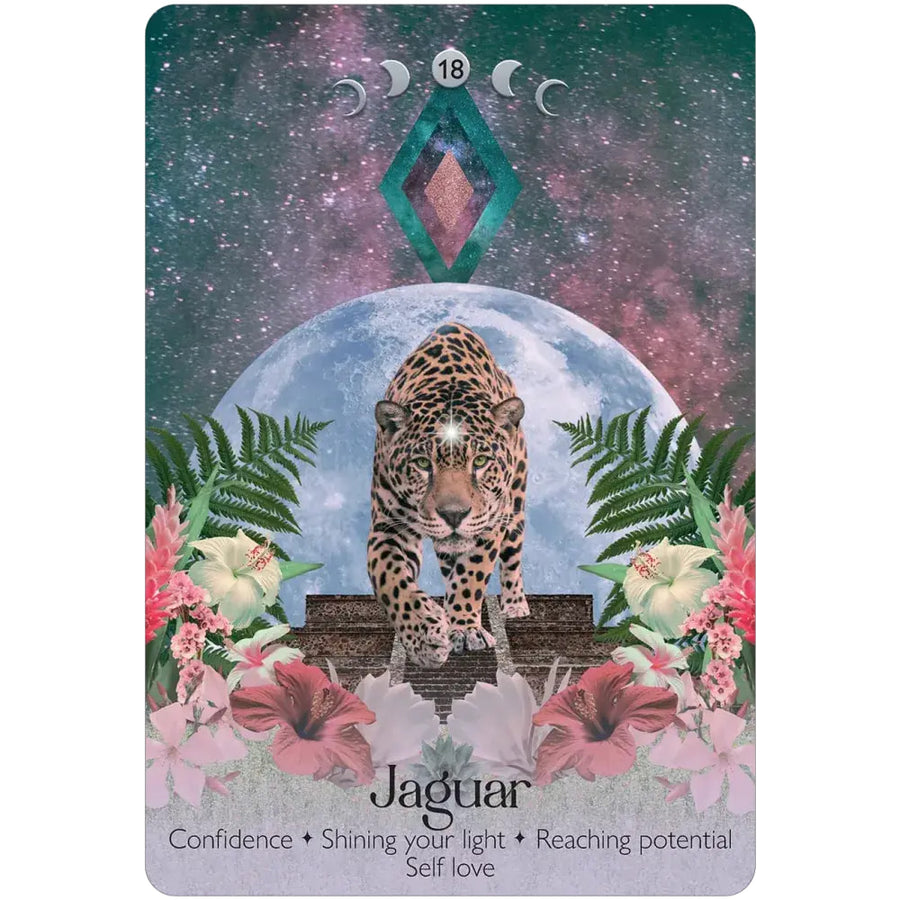 A mystical tarot card from lunar magic oracle deck featuring a majestic leopard with golden eyes and black spots