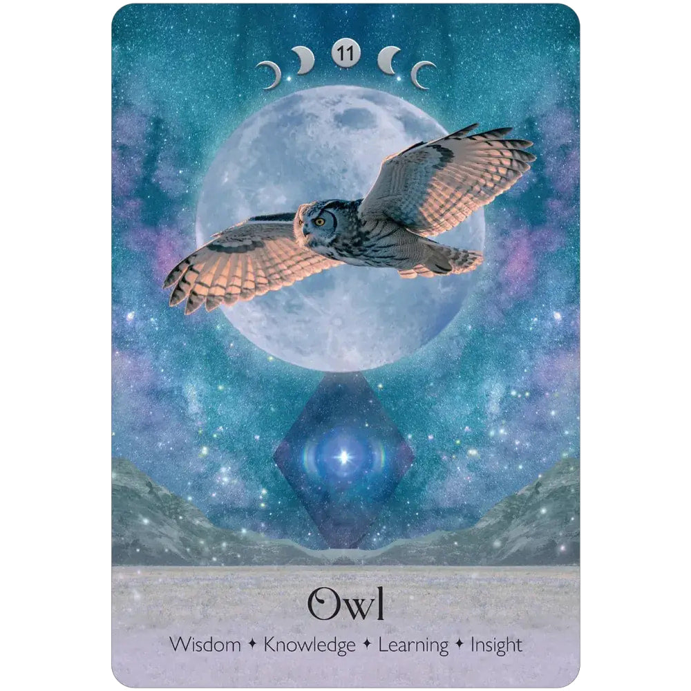 A mystical tarot card from Lunar Magic Oracle Deck featuring a gray and white owl mid-flight with moon phases and blue diamond