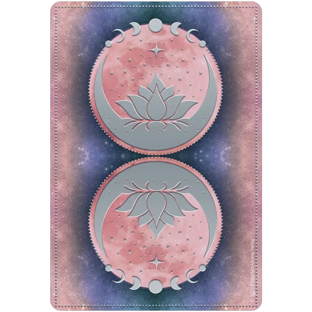 Pink and silver moon-themed lunar magic oracle deck card featuring lotus designs with a cosmic background