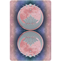 Pink and silver moon-themed lunar magic oracle deck card featuring lotus designs with a cosmic background