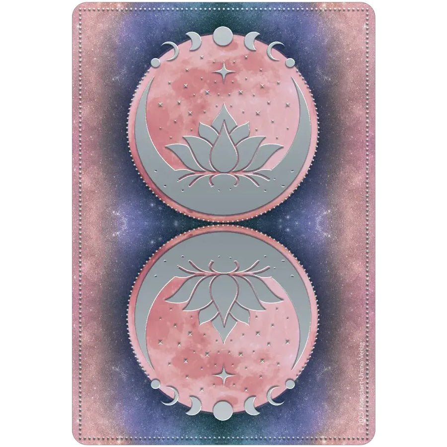 Pink and silver moon-themed lunar magic oracle deck card featuring lotus designs with a cosmic background