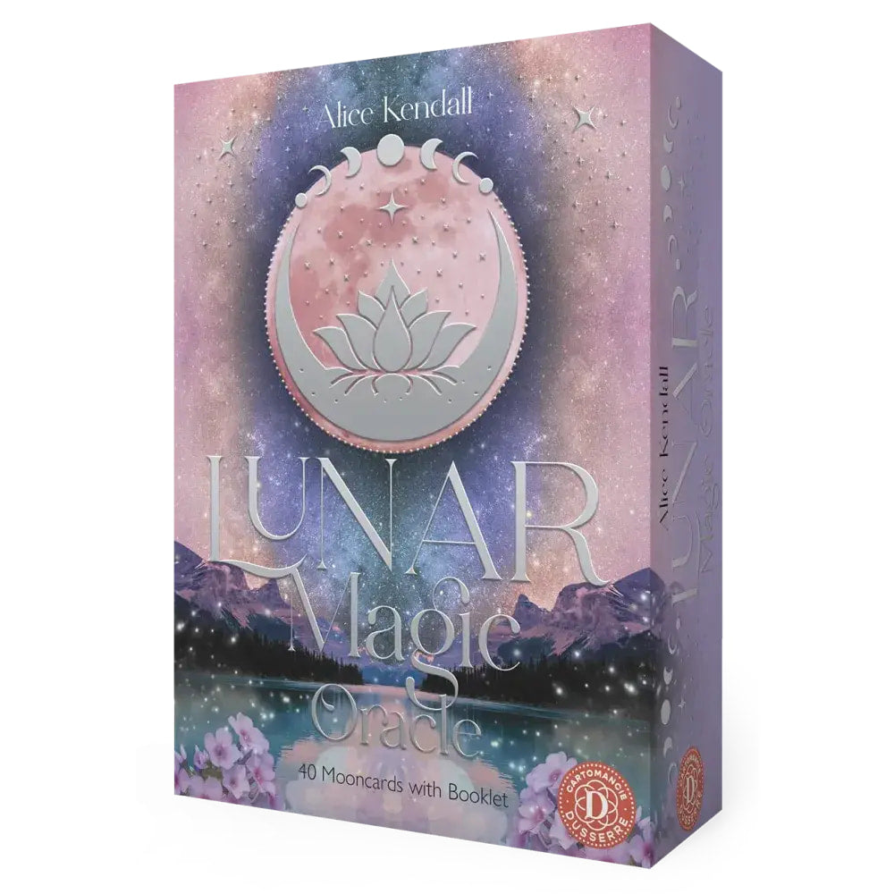 Lunar magic oracle deck featuring 40 mooncards with booklet in pink and purple cosmic design with silver lotus and crescent moons