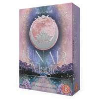 Lunar magic oracle deck featuring 40 mooncards with booklet in pink and purple cosmic design with silver lotus and crescent moons