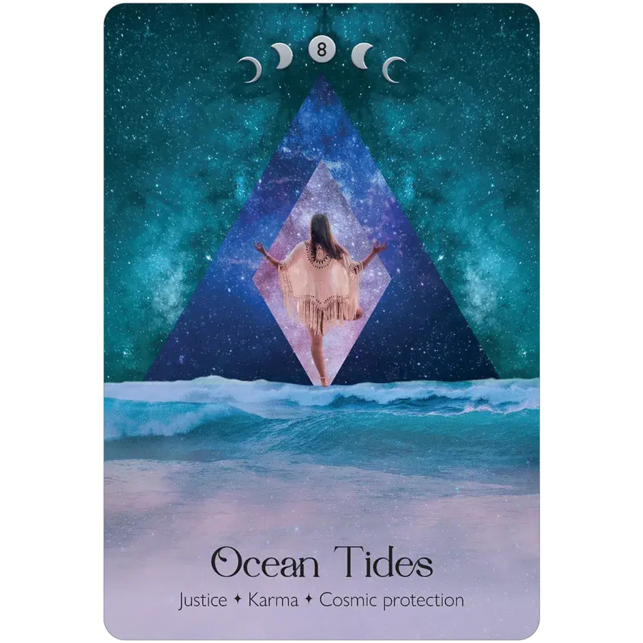 A mystical tarot card from lunar magic oracle deck featuring a woman in a beige fringed dress in a glowing diamond shape against a cosmic backdrop