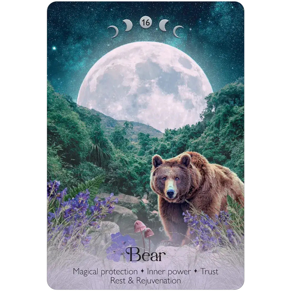 A brown bear with a white muzzle stands in a forest beneath a detailed moon on lunar magic oracle deck card