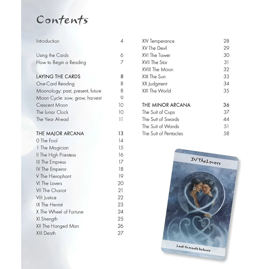 Lunar Tarot card by Jayne Wallace featuring a couple in a circle for love and relationships