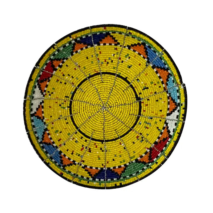 Yellow and black Maasai Beaded Bowl 6’ Multicolor #LV3771 - Circular Beaded Tray