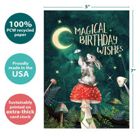 Magical wishes birthday card #22030 with gray rabbit on mushroom under moon