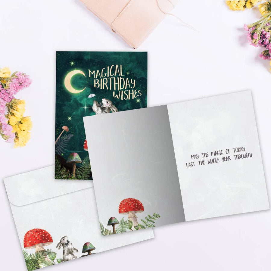 Magical Wishes #22030 birthday card with starry moon and mushroom design