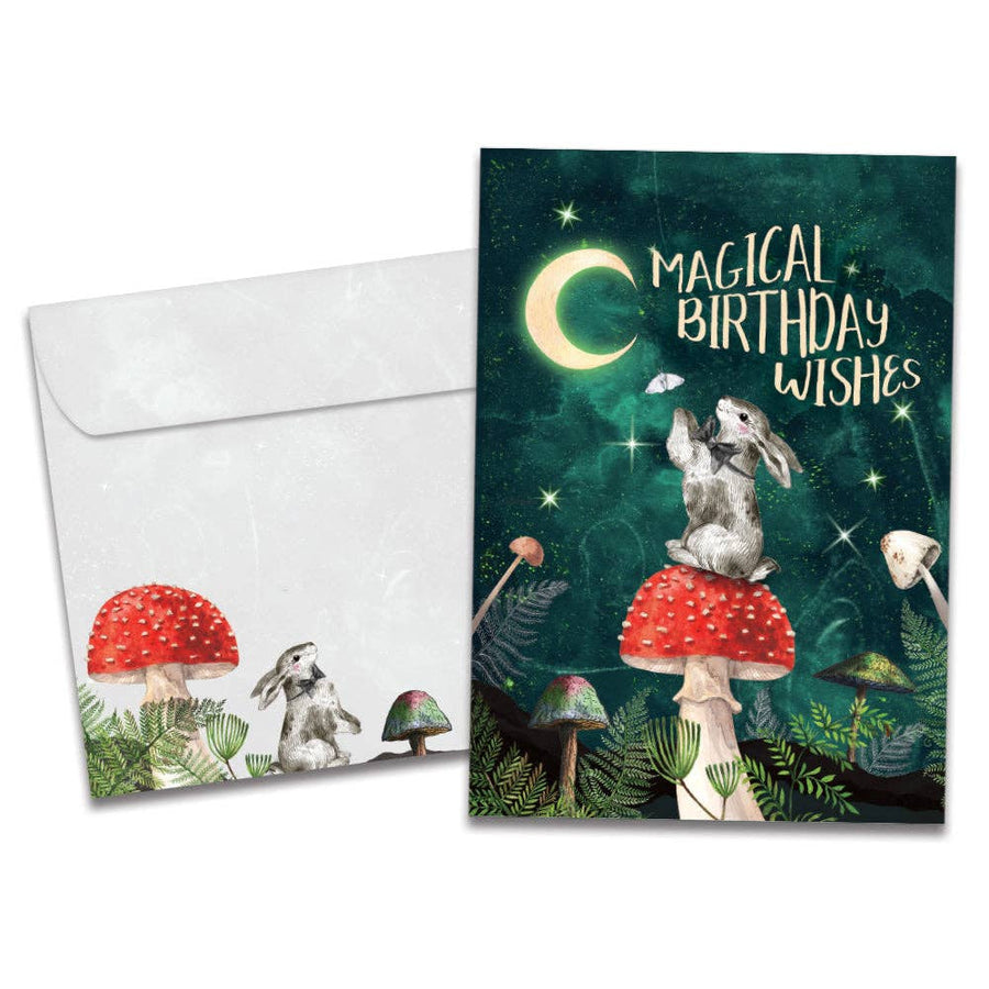 Magical wishes birthday card #22030 with gray rabbit on mushroom under moon