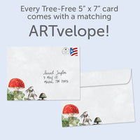 White envelope with red green mushrooms gray rabbit ferns Magical Wishes card