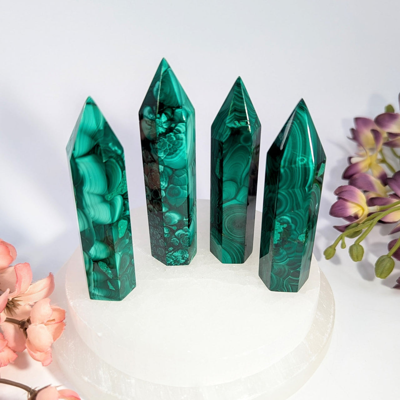 Four polished green malachite crystal towers, 2.8-3.2 inches, #BC0386