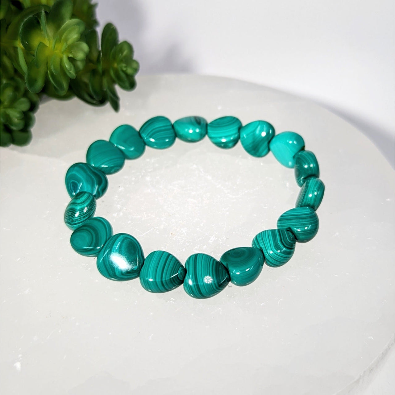 Vibrant teal Malachite 7-inch heart bead bracelet #BC0275