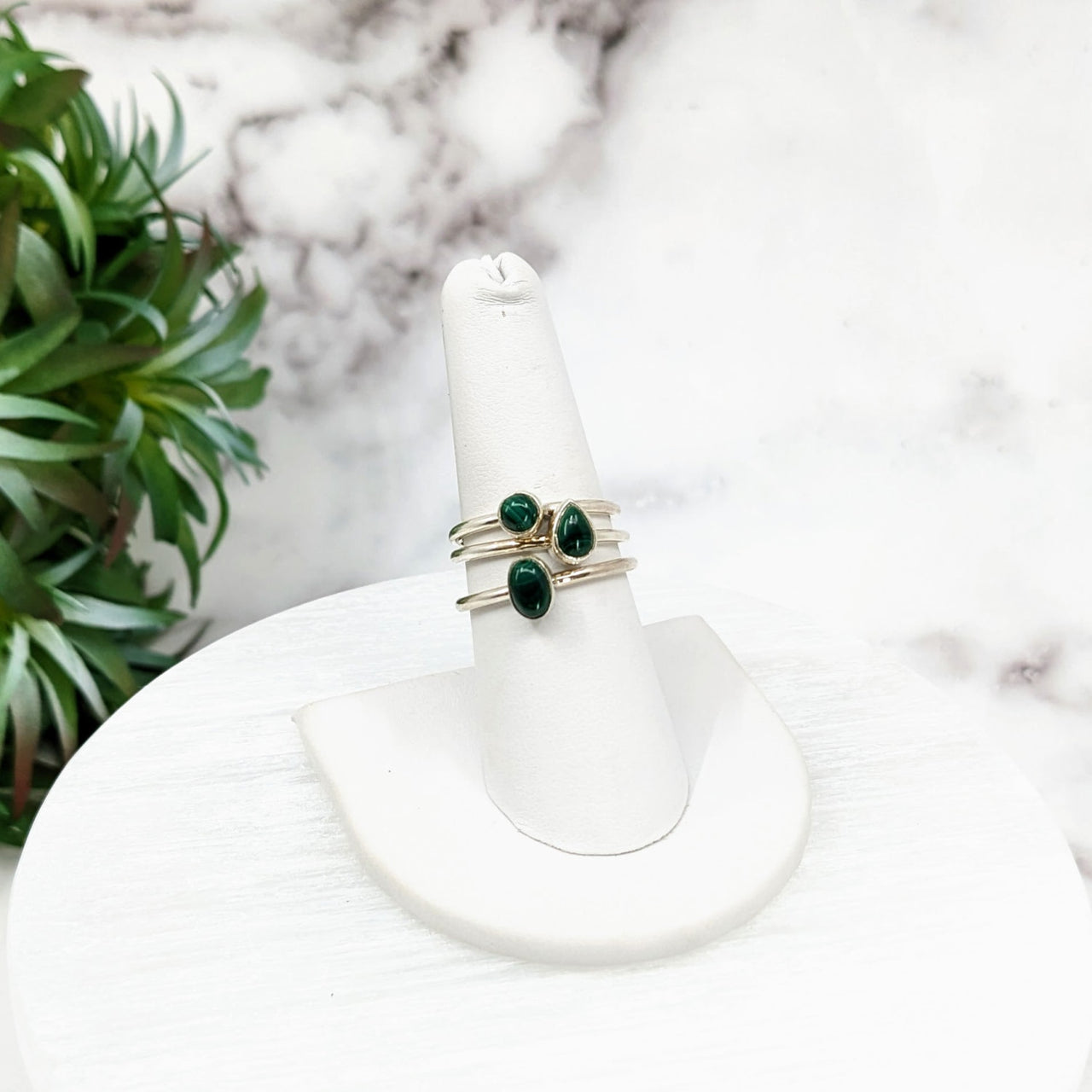 Malachite Polished Sterling Silver Dainty Stackable Ring with Green Stone Size 4-10 #LV3219