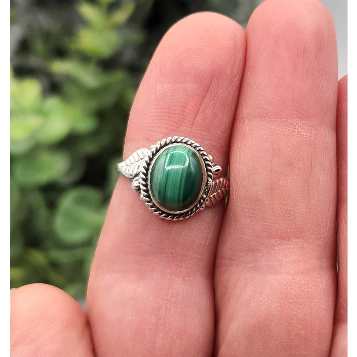 Silver malachite leaf design ring LV9526 in 925 sterling silver