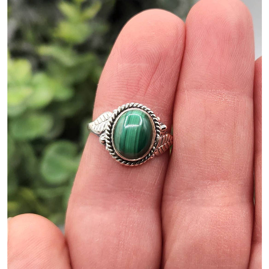 Silver malachite leaf design ring LV9526 in 925 sterling silver