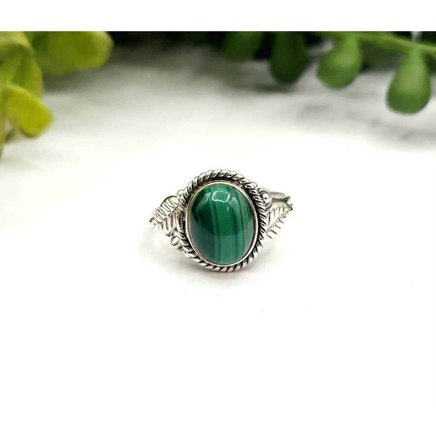 Silver malachite leaf design sterling silver ring LV9526