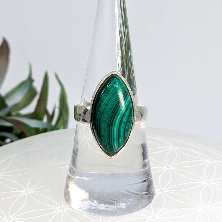 Green malachite marquise ring displayed in Malachite Sz 8 Marquis S.S. Ring #LV7213