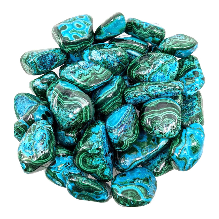 Polished Malacholla stones with turquoise and green swirls showcasing item tier benefits