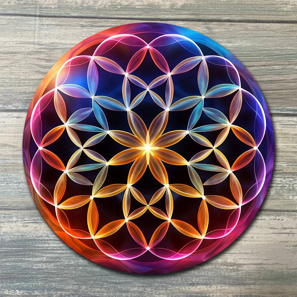 Vibrant rainbow Flower of Life mandala crystal grid coaster LV9078