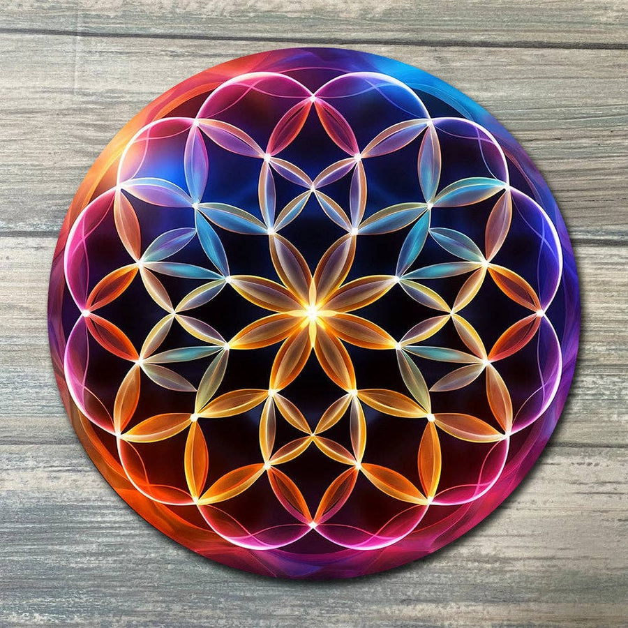 Vibrant rainbow Flower of Life mandala crystal grid coaster LV9078