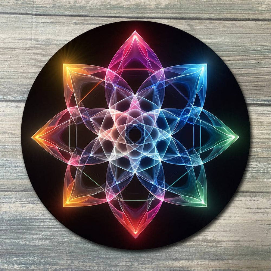 Round Mandala Crystal Grid Coaster with Colorful Geometric Flower Design
