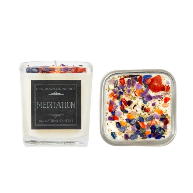 Meditation ritual candles with crystals in square glass for relaxation and mindfulness