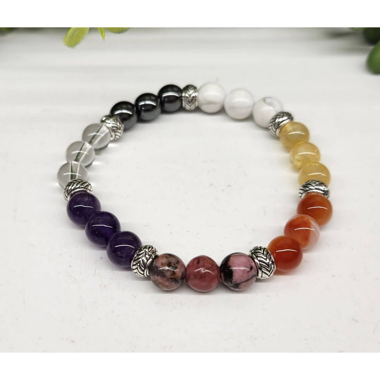 7 Chakra Menopause Relief Bracelet with Silver Beads, 8mm Stretchable 7.5