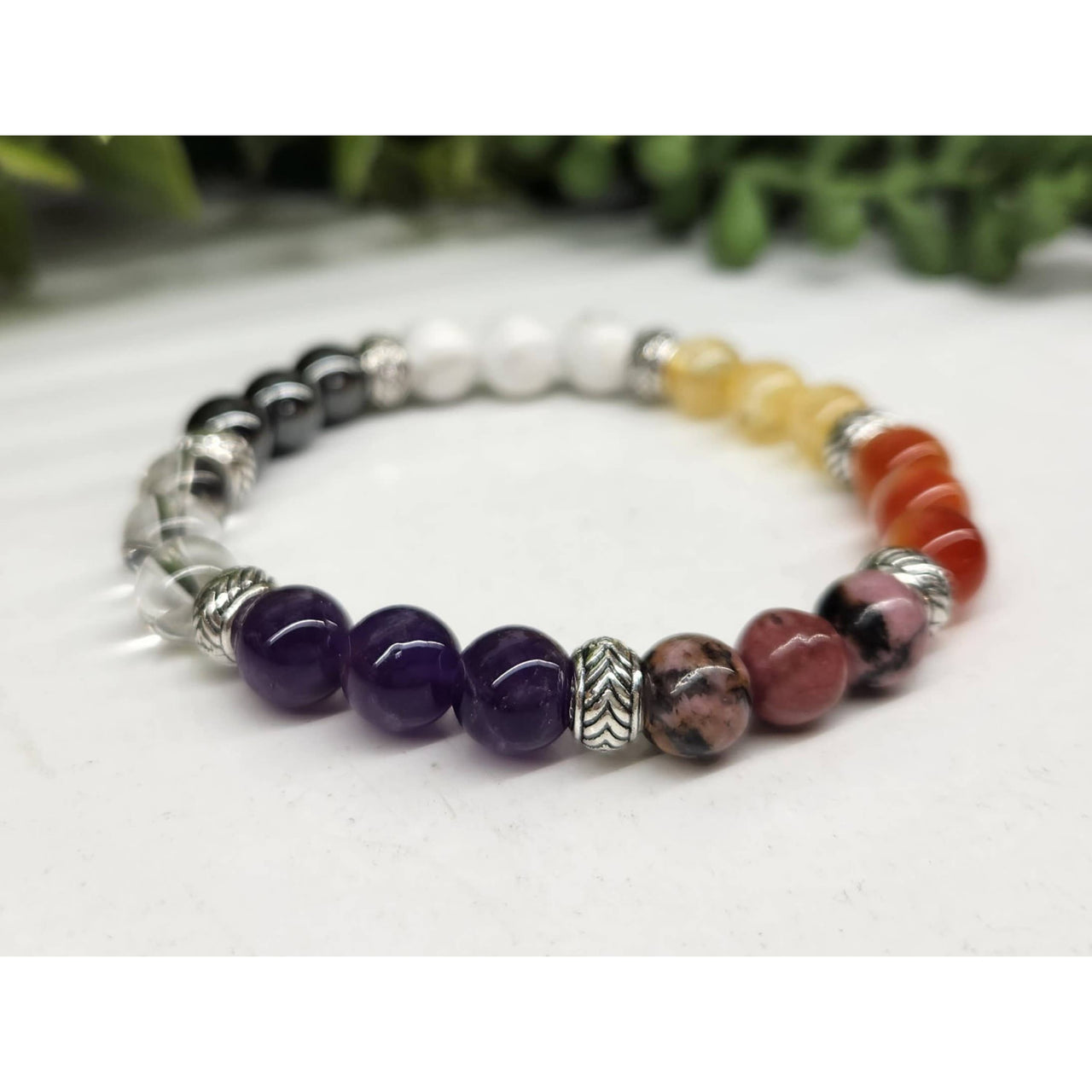 7 Chakra Healing Crystal Bracelet with Amethyst, Rhodonite, Carnelian for Menopause Relief
