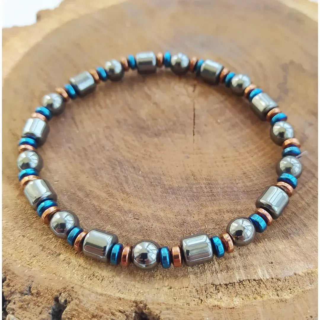 Beaded Mens Hematite Gemstone Bracelet with Metallic Accents on Onyx and Tigers Eye