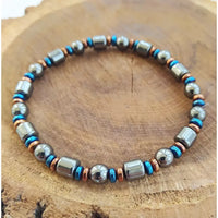 Beaded Mens Hematite Gemstone Bracelet with Metallic Accents on Onyx and Tigers Eye