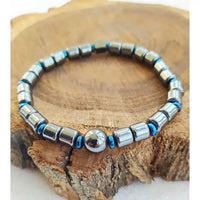 Mens 8-inch Hematite and Blue Bead Bracelet featuring Onyx and Tiger’s Eye gemstones