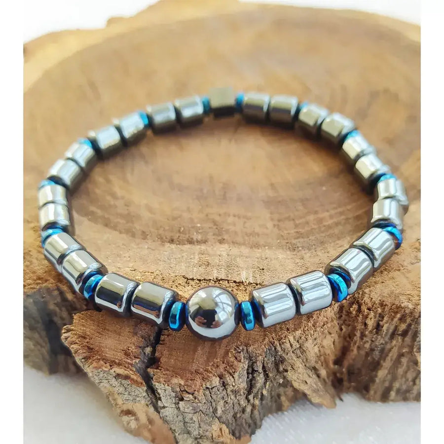 Mens 8-inch Hematite and Blue Bead Bracelet featuring Onyx and Tiger’s Eye gemstones