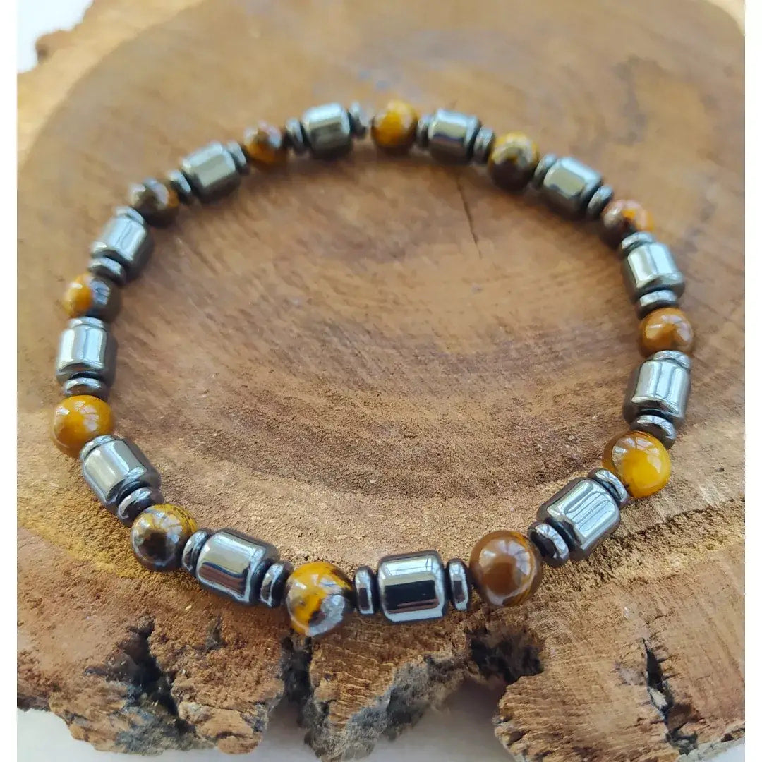 Mens 8-inch Hematite Gemstone Bracelet with Tiger’s Eye and Hematite beads