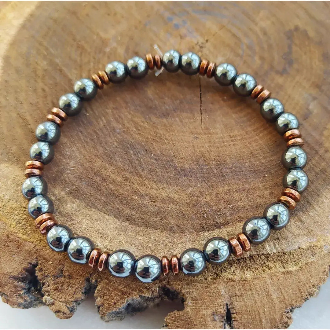 Mens 8-inch Hematite and Copper Bead Bracelet featuring Onyx, Tigers Eye gemstones