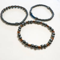 Mens 8 inch Hematite Gemstone Bracelets featuring Onyx Tigers Eye and assorted beads
