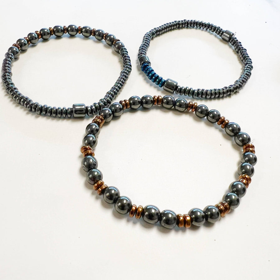 Mens 8 inch Hematite Gemstone Bracelets featuring Onyx Tigers Eye and assorted beads