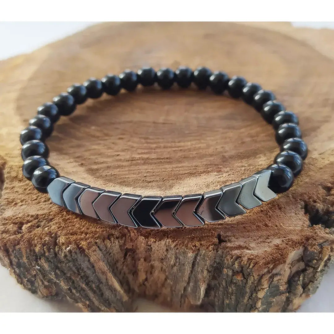 Black beaded bracelet with metallic chevron accents from Mens 8 Inch Hematite Gemstone Bracelets collection