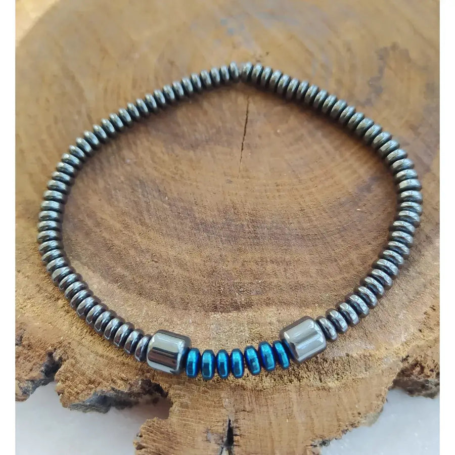 Mens 8 inch Hematite gemstone beaded bracelet with Onyx and Tigers Eye accents