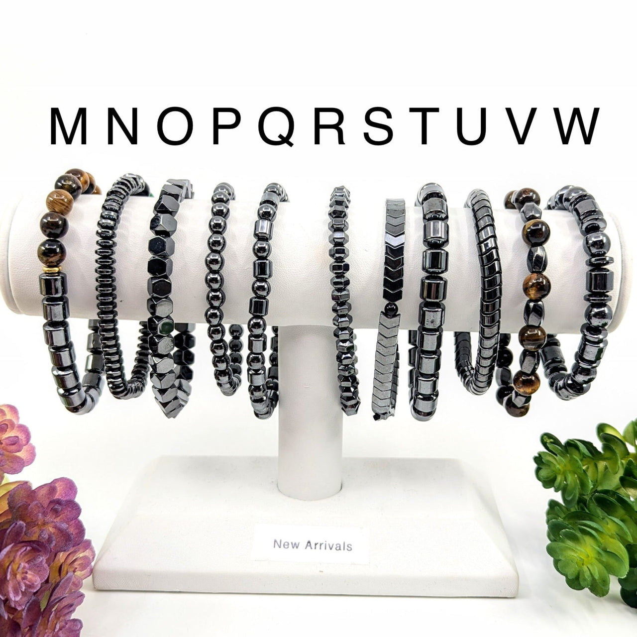 Black beaded mens 8-inch hematite bracelet with tigers eye accents