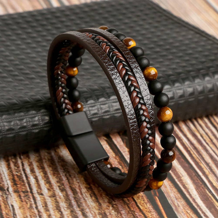 Brown leather and beaded bracelet from Men’s 9 Inch Leather and Gemstone Bracelets Style LV7345